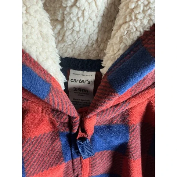 Carters Baby Boys Red Blue Buffalo Plaid Fleece Hooded Jumpsuit 24M 1M720010 - Picture 4 of 8